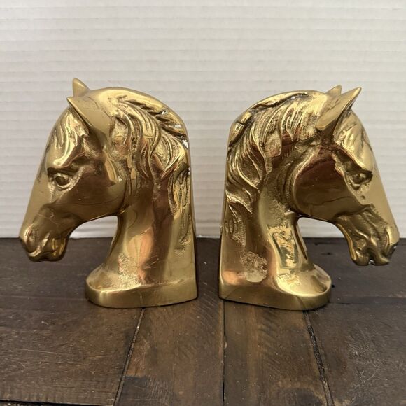 Vintage Gatco Heavy Solid Brass Horse Head Bookends Velvet Bottom Maker Sticker - Picture 1 of 7